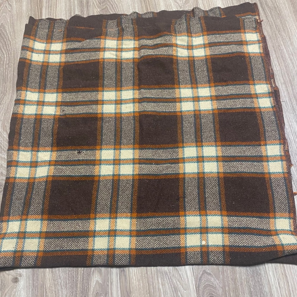 Vintage Plaid Wool Blanket Brown Orange Square Throw 55x55 Rustic Cabin Decor